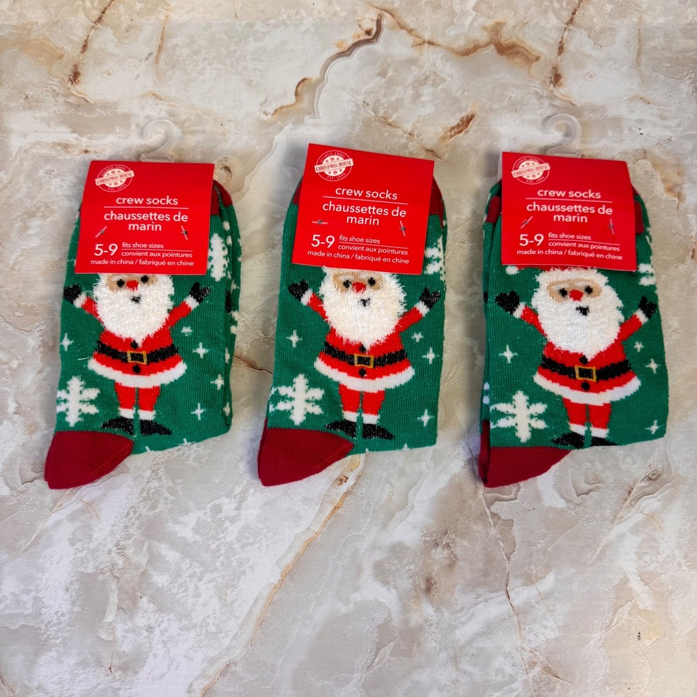 Christmas House Crew Socks Womens 5-9 Green Santa Claus Snowflake 3 Pack Holiday